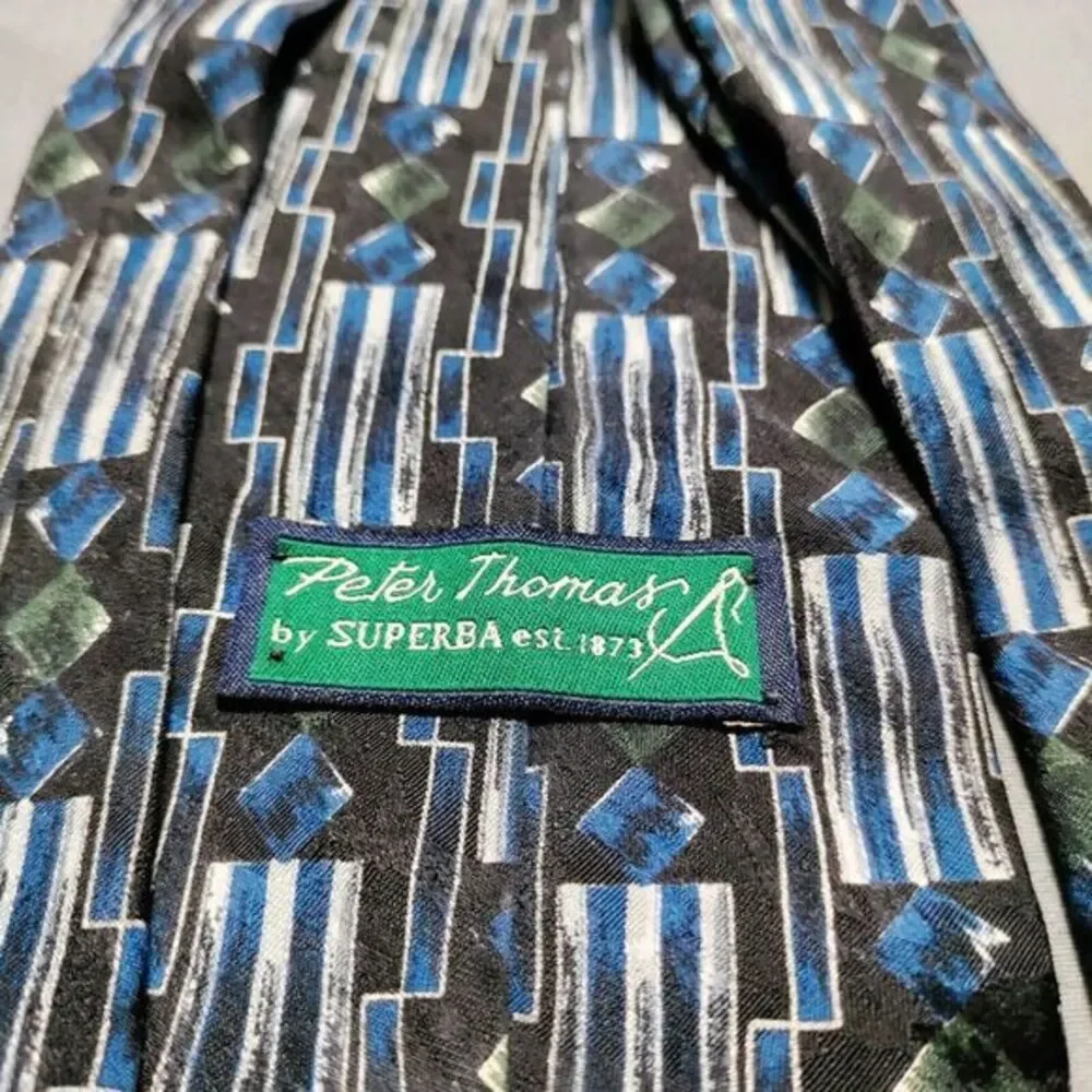 PETER‎ THOMAS Men Necktie100% Silk USA Designer Geometric Black/Blue Suit Tie